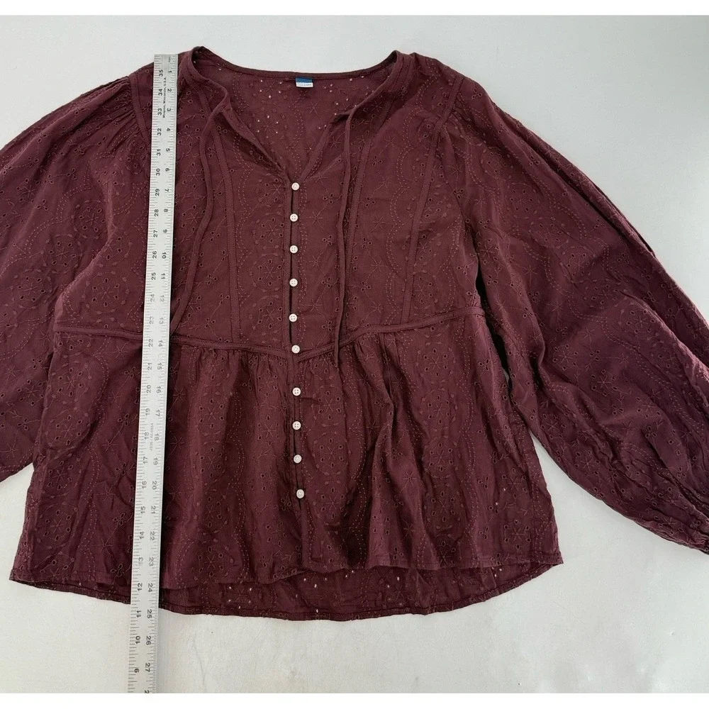 Old Navy Women's Maroon Eyelet Puff Sleeve Blouse XL‎ Boho Peasant Festival
